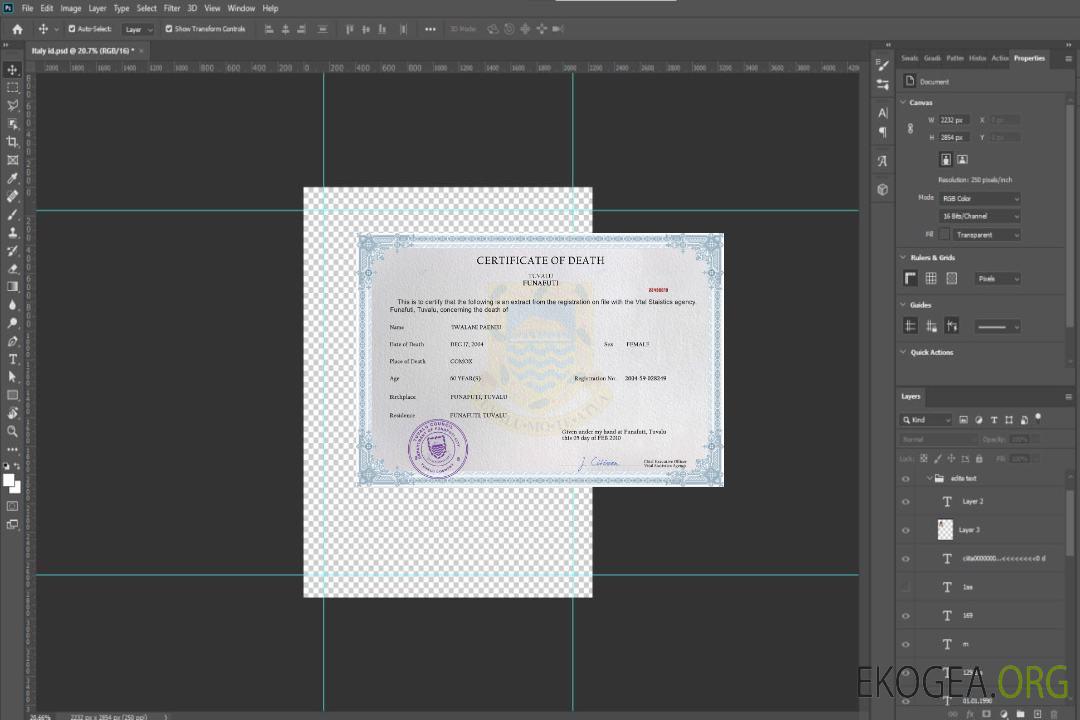 Modèle PSD de certificat de décès de l'état civil de Tuvalu template